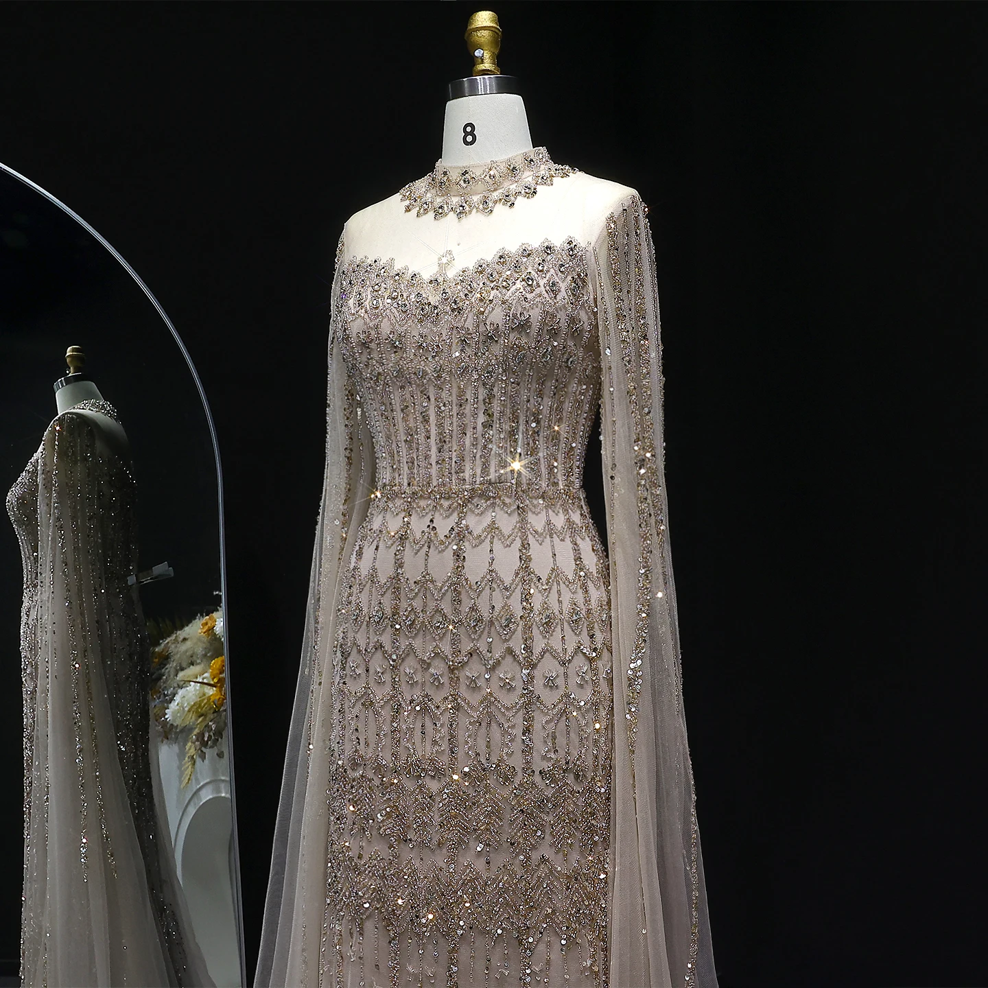 Sharon Said Luxuriöses Blaues Tüll-Abendkleid mit Cape-Ärmeln, Kristall-Pailletten, Damen-Hochzeitskleid, Partykleid, Ballkleid SS150, Maßanfertigung – Detail 14