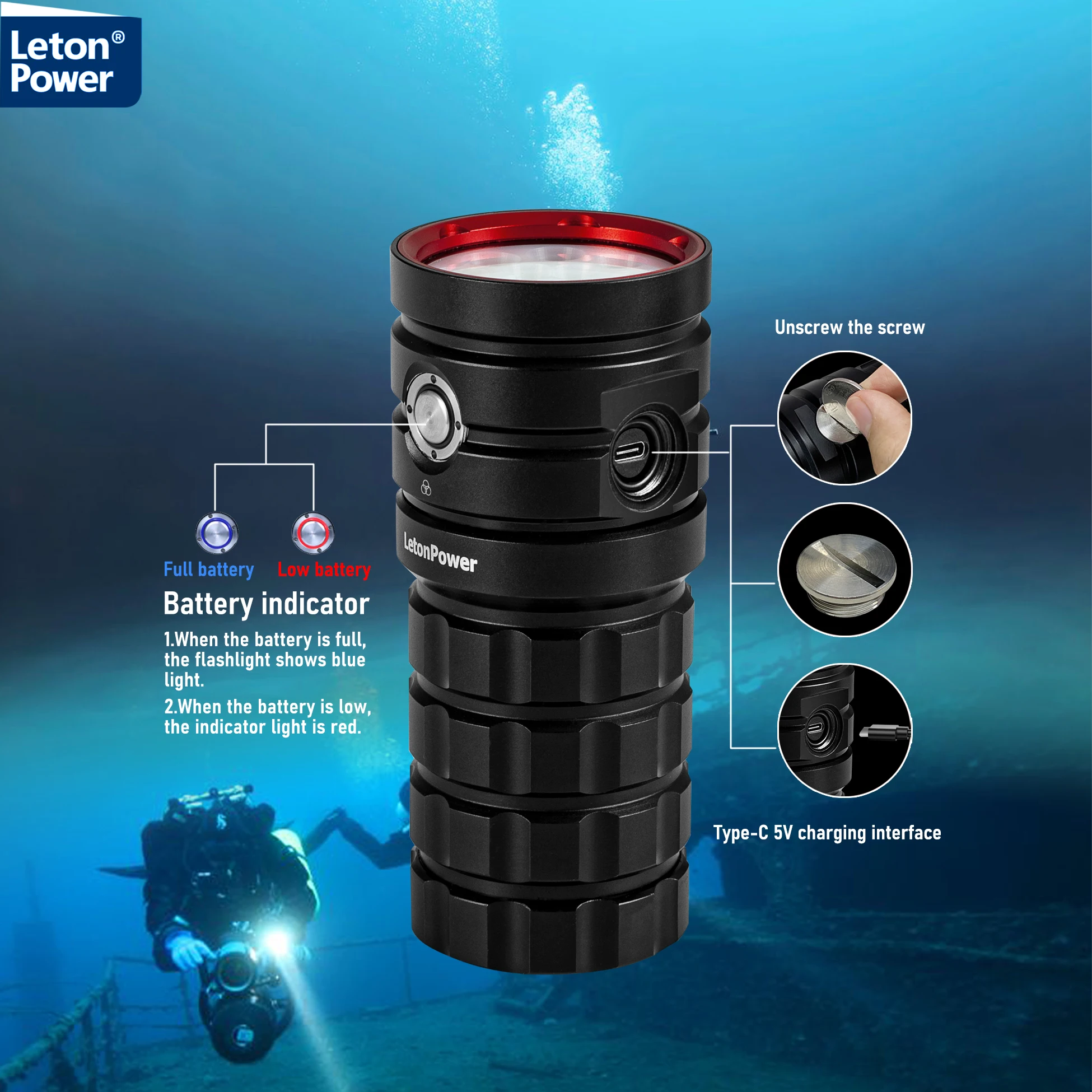 LetonPower Diving Flashlight 25000Lumens underwater flashlight 100m scuba dive light underwater video light Waterproof torch