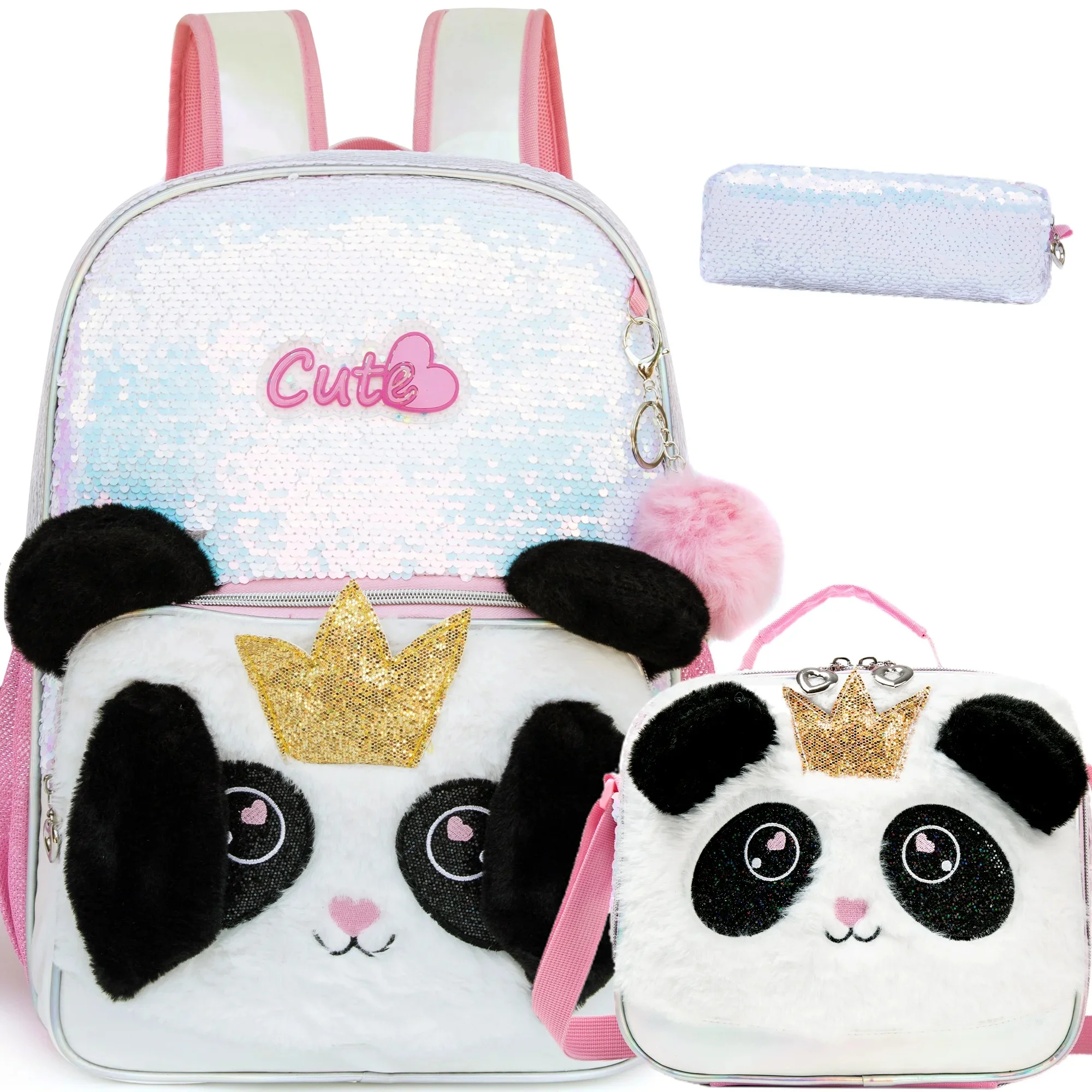 

Sequin Panda Backpack Set, Girls Cartoon Bag + Lunch Bag + Pencil Case 3PCS