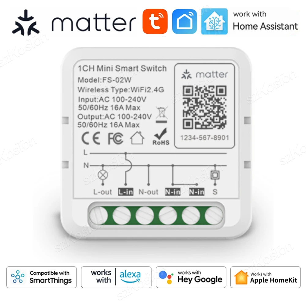 Matter WiFi Smart Switch 16A Smart Home, Casa Intelligente Interruttore Della Luce Modulo Relè Controllo Vocale Funziona con Alexa Google Homekit Smartthings Tuya