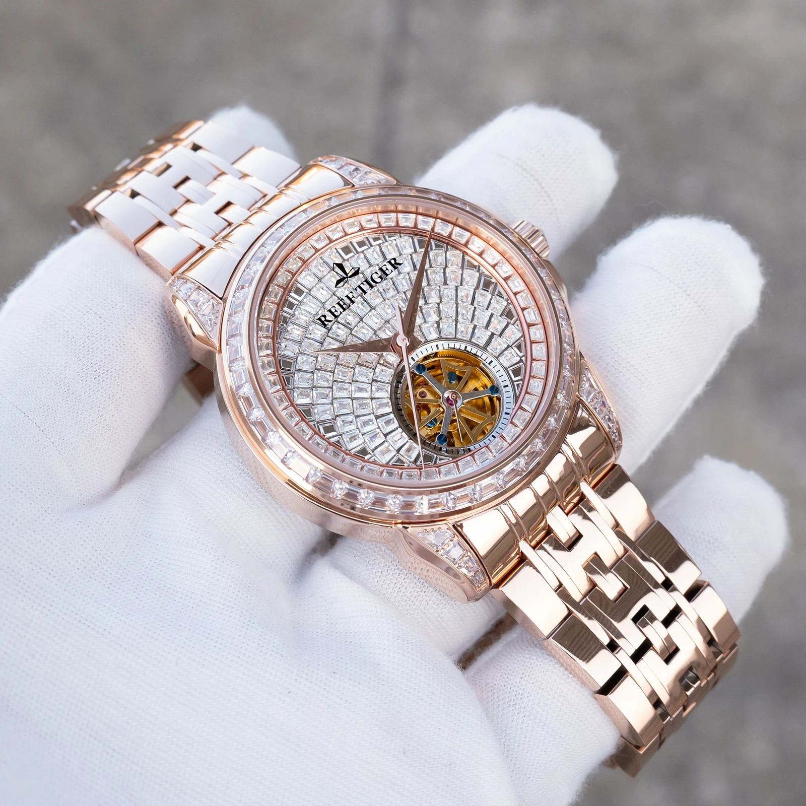 Reef Tiger/RT ElegantMen's Rose Gold Full Diamonds Tourbillon Automatic Watch Classic Bracelet Band Mechanical Watches RGA1905