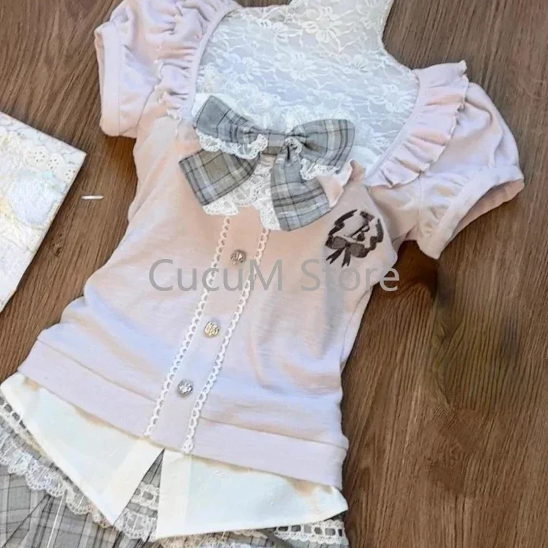 Woman Japanese Kawaii Preppy Style Skirt Sets Sweet Lace Patchwork Bow Tops Y2k Plaid Mini Skirts Female Elegant Lolita Outifits