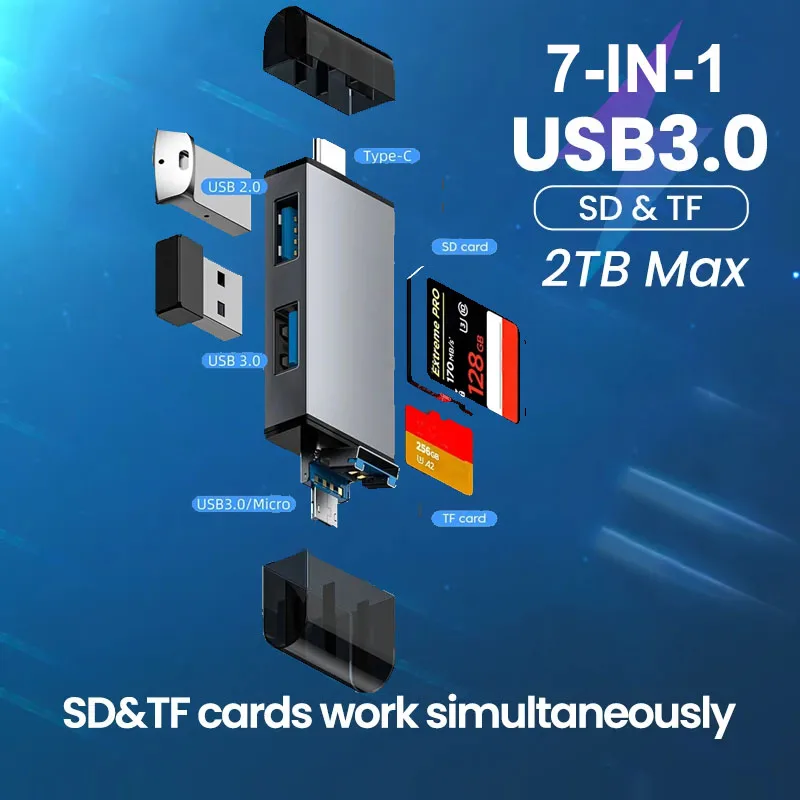 

7 in 1 Card Reader USB 3.0 Type C to SD TF Memory Card Flash Drive Adapter for PC Laptop Accessories Multi Smart Cardreader