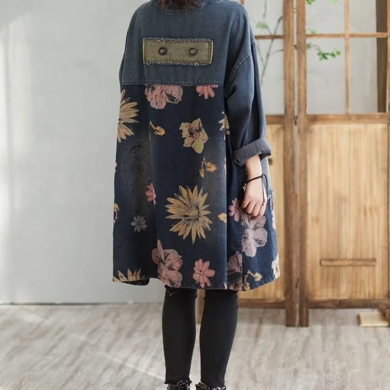 Denim Jacket Coat Women 2026 Spring Autumn New Print Spliced Top Korean Version Lapel Medium To Long Denim Windbreaker Outerwear