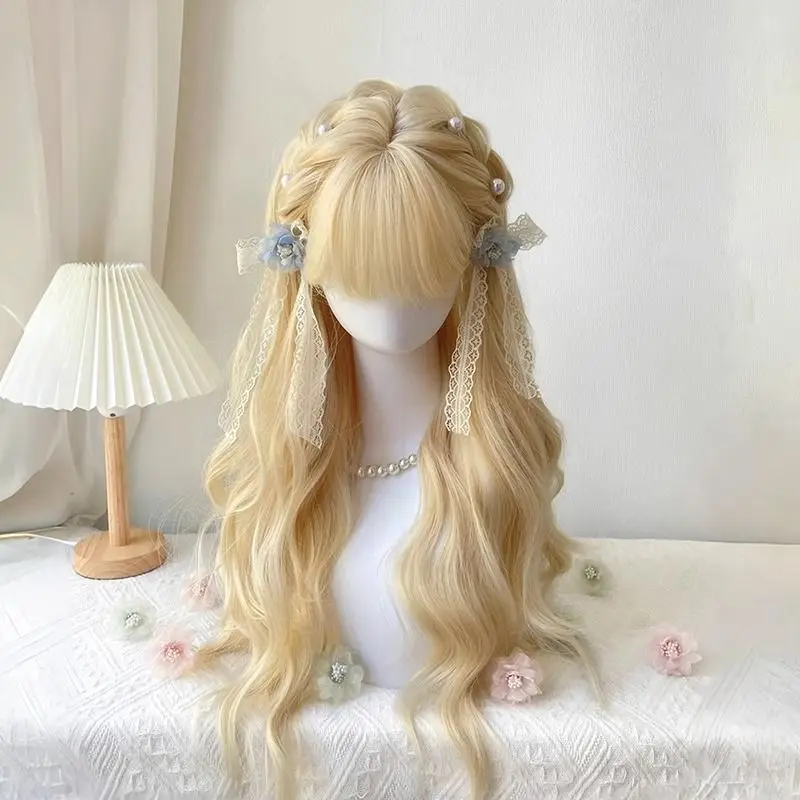 ‌Platinum Blonde Lolita Wig - Long Wavy Synthetic Hair, Full Head Wig for Daily Use, Soft Girl Style, Cosplay Accessories