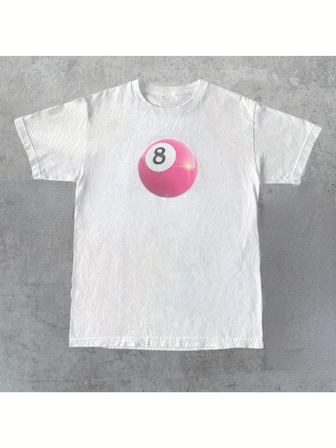 2026 Women Plus Size White Streetwear T-Shirt, Y2K Coquette Style Pink 8 Ball Billiard Graphic Print Tee, Casual Loose Fit Summer Short Sleeve Basic Tops For Daily Outfit