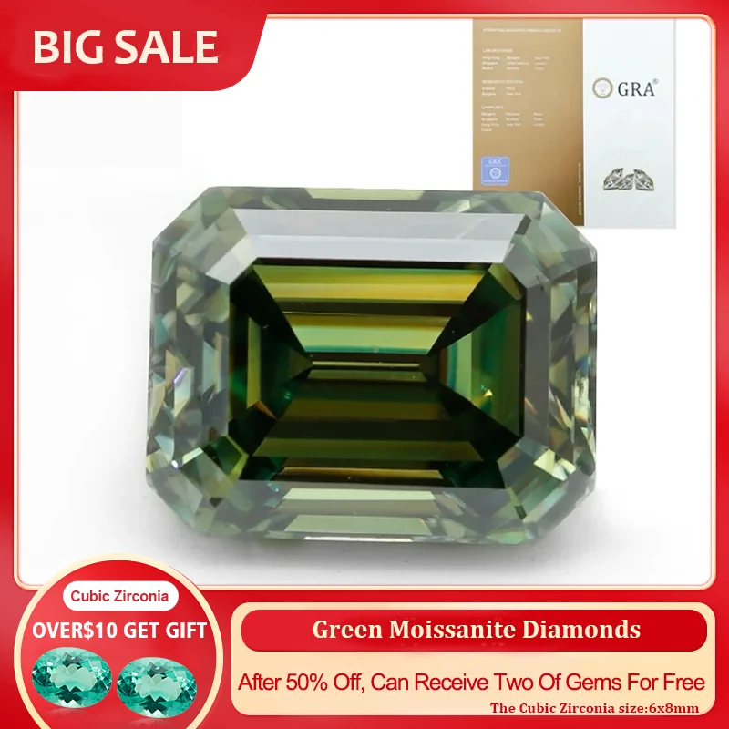 

YinZheng With GRA CertifIcate Green Moissanite Diamonds Emerald Cut 6A Grade Green Loose Moissanite Stone For Making Jewelry