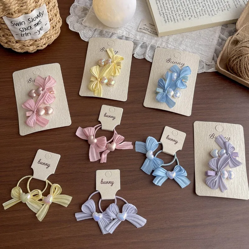 Sweet Hair Accessories for Girls Ruffled Tulle Heart Bow Clips Elastic Hair Ties Non Hurt Versatile Cute Daily Party Premium