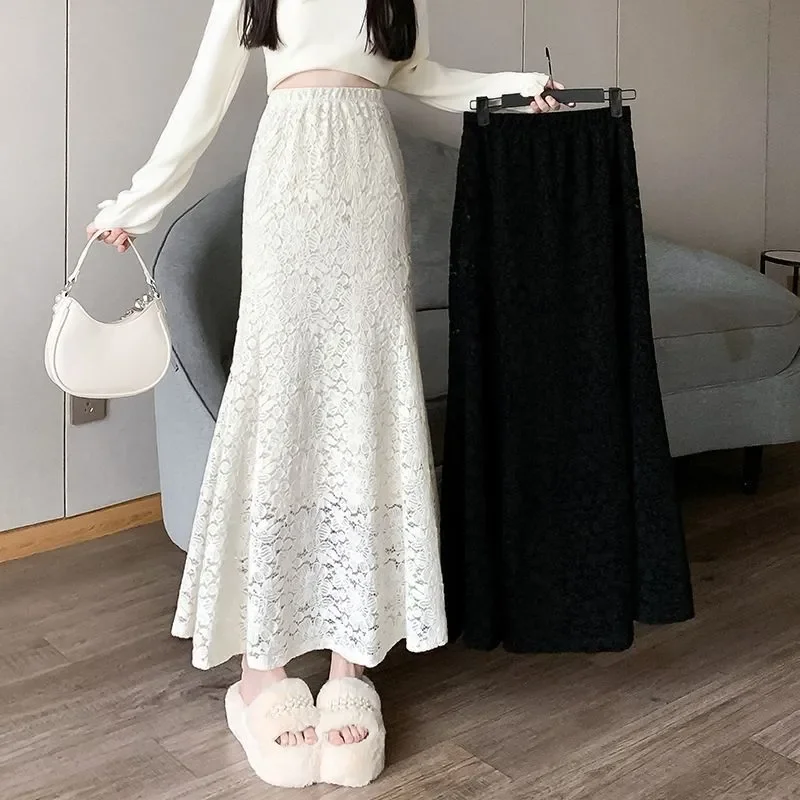 Women's Elegant Lace Mermaid Maxi Skirt Fall Winter Bodycon Pencil Skirt Hollow Out Jacquard Long Skirt