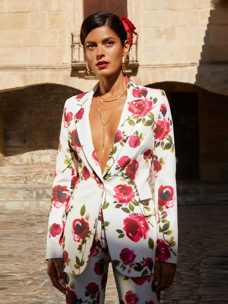 Sexy Floral Printed Blazer Sets Women Single Button Jacket + Bra + Pants 3 Pieces Sets White Floral Blazer Suits Cocktail Party