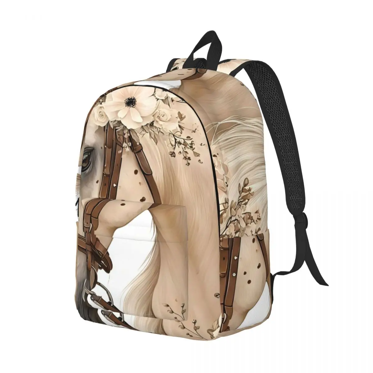 Floral Print School Backpack Clustered Horse Anemone Flowers Soft Botanical Cream Beige Brown Sweet Bookbag for Girls Teens Kids