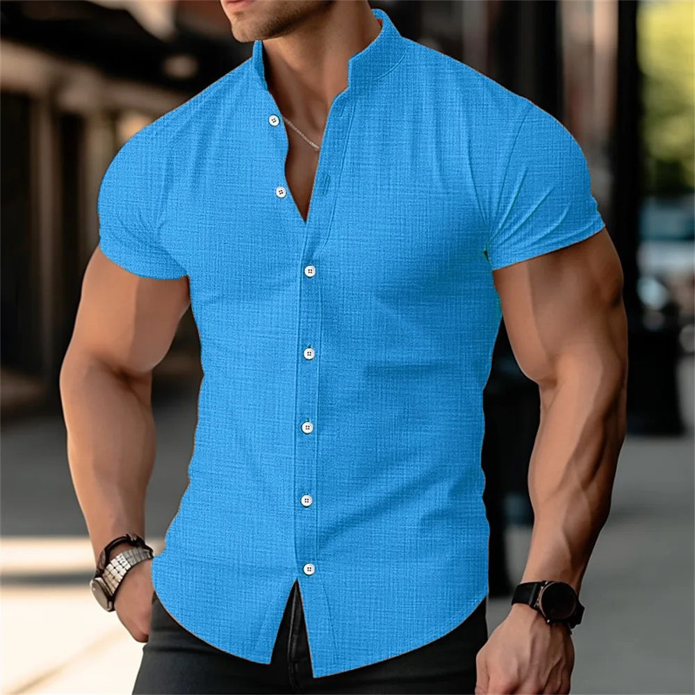 Camisa de lino con cuello levantado para hombre, botón de playa de verano, piscina blanca y negra, camisa naranja de manga corta, ropa informal