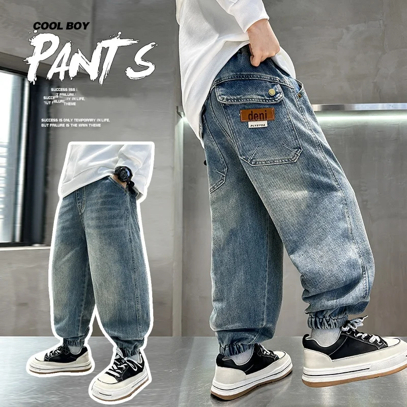 

Boys Jeans Ages 4-14Y Child Long Pants Tween Boy Denim Students Spring Autumn Pocket Letter Tag Trousers Toddler Straight Jeans