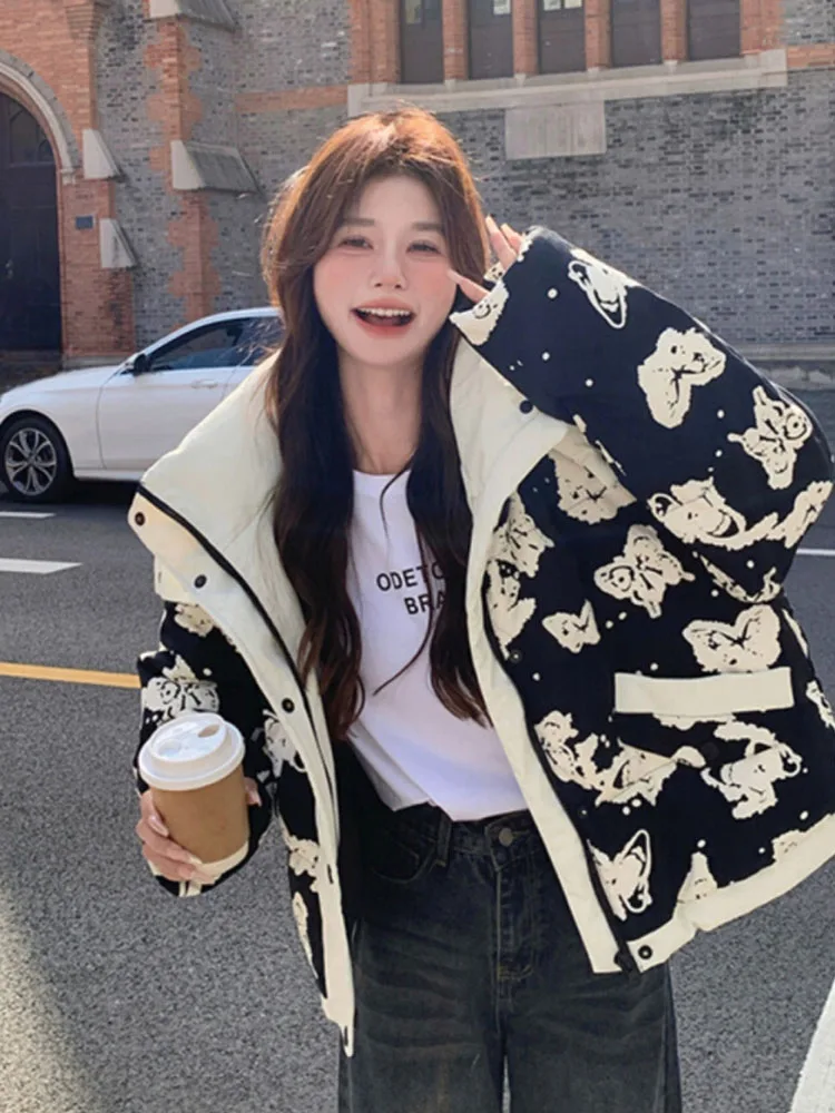 

Women 2025 winter new loose design jacket trendy color blocking short butterfly black white hooded fashion down jacket