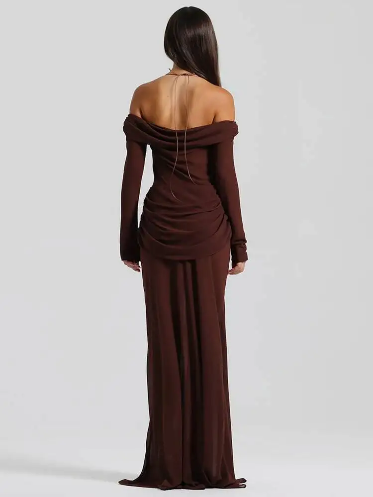 Vestido largo Sexy fruncido ahuecado para mujer, vestido Halter de manga larga sin tirantes y espalda descubierta drapeado, vestido largo elegante ajustado Y9TY