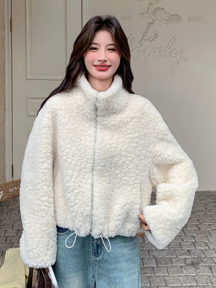 

Sweet Women Cute Faux Lamb Coat Winter Warm Preppy Style Long Sleeve Kawaii Jacket Casual Vintage Stand Collar Female Ins Tops