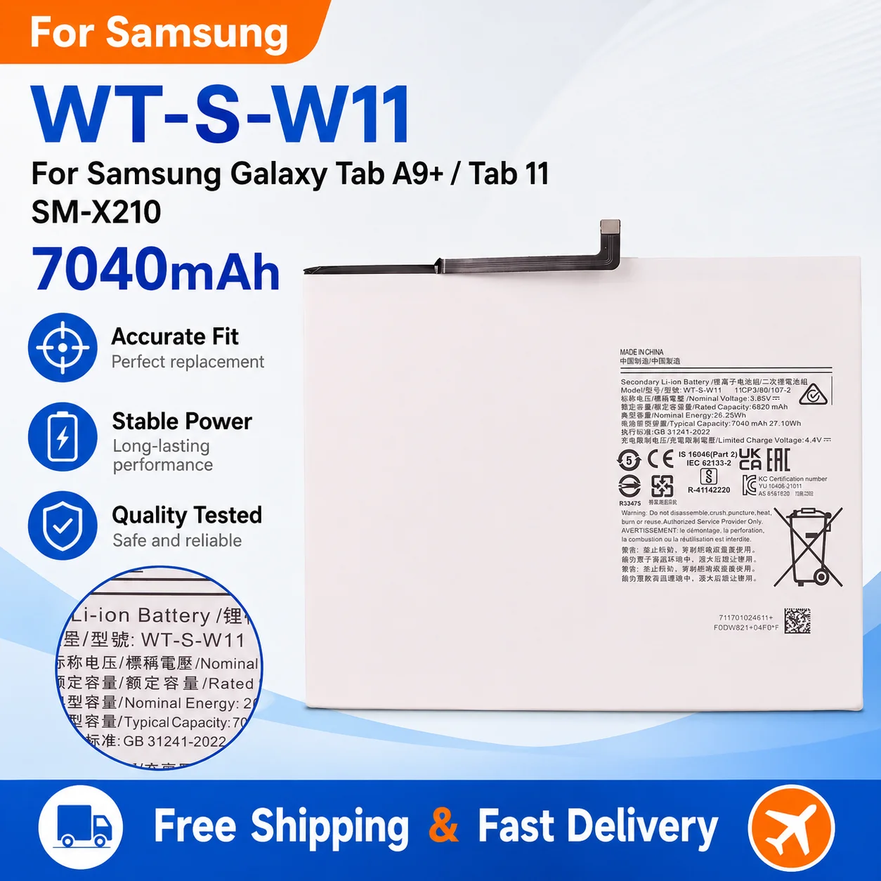 

For Samsung Tab A9+ SM-X210 11" Tablet 7040mAh WT-S-W11 Battery Mobile Tablet Battery + Install Tools