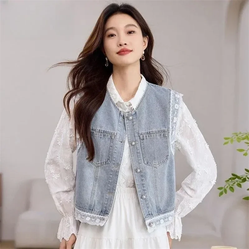

Spring Autumn 2025 Design Sense Lace Splicing Women's Denim Vest Jacket Sleeveless Temperament Ladies Cowboy Vest Coat