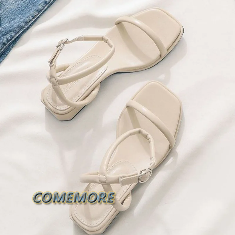 Fashion Summer Shoes Woman's Sandals Narrow Band Vintage Square Toe Ankle Strap Thong Sandalias Shape Design Elegant Women 35-40