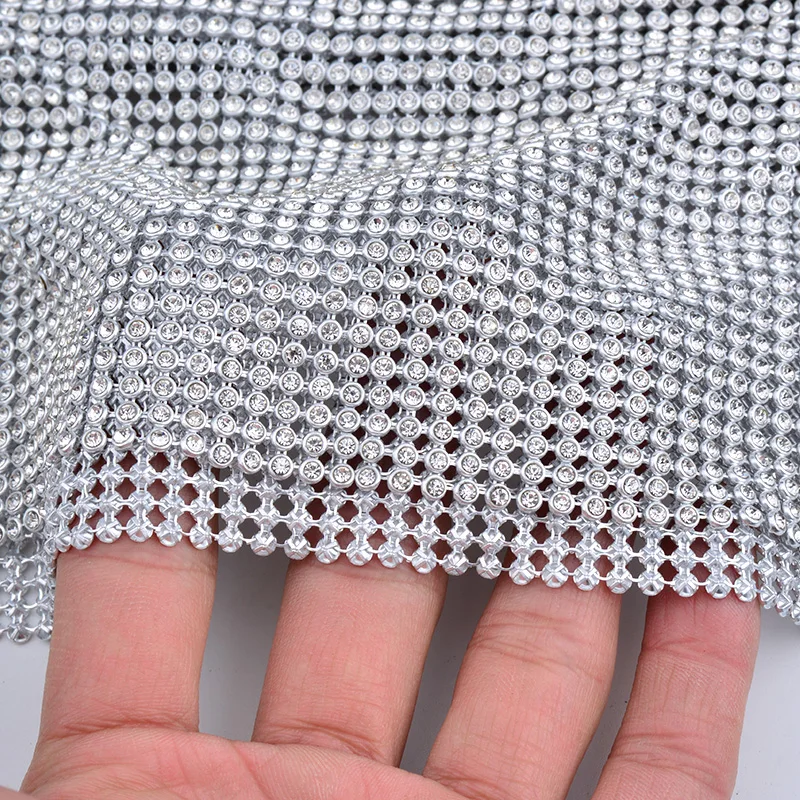 45x120cm Silver Aluminum Mesh Glass Rhinestones Trim Metal Fabric Crystal Mesh Banding Sewing Strass Applique for Jewelry