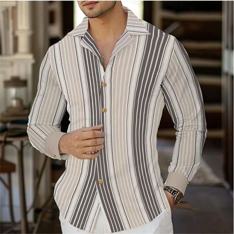 25 Styles Striped Men\'s Business Casual 3D Printed Shirt Street Work Daily Wear Spring Lapel Long Sleeve 6XL Fast Shipping