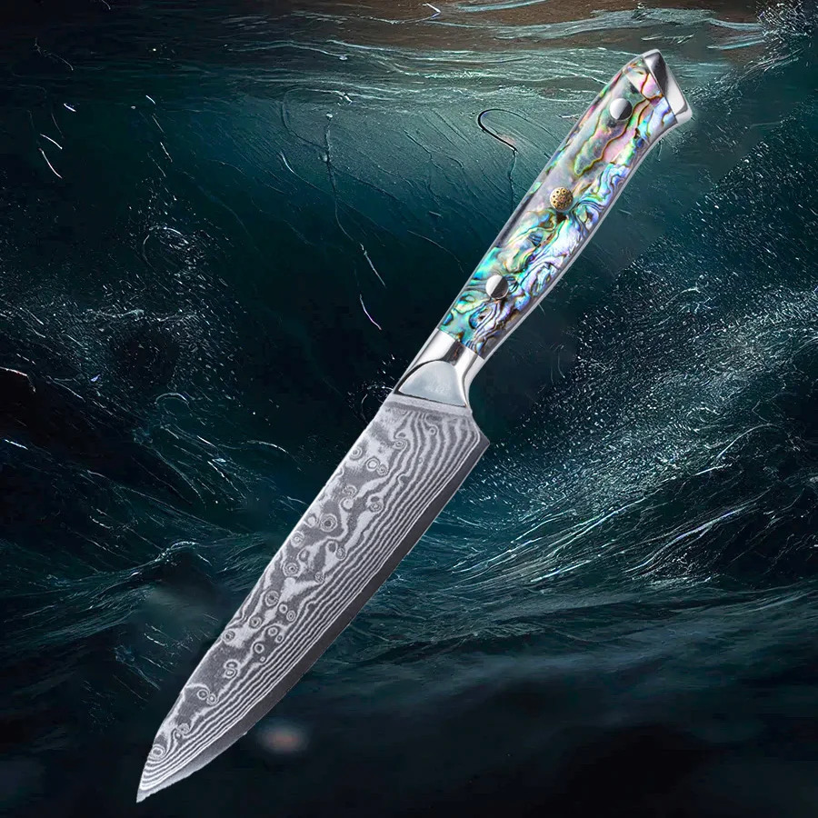 VG10 Damascus Utility Knife , Abalone Shell Handle, Super-Sharp Blade, Premium Steel, Multi-Purpose,Kitchen Chef Fruit Knife