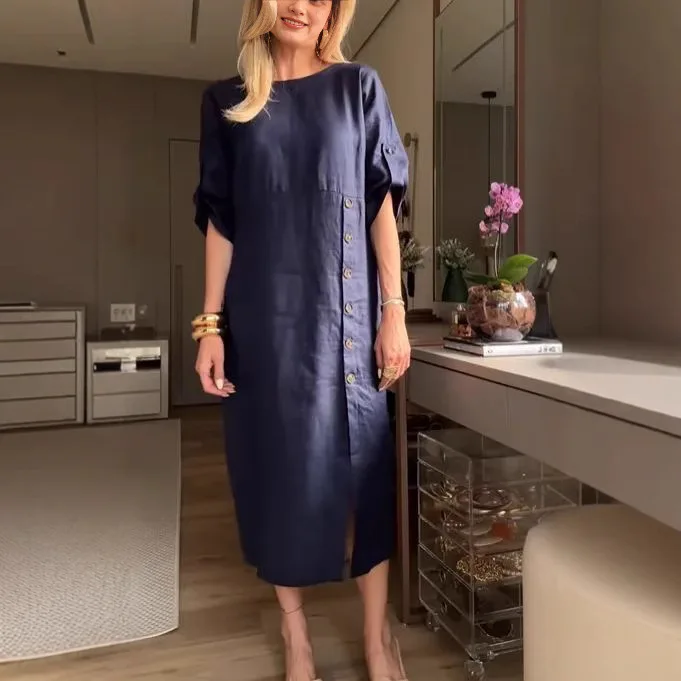 2026年 ラウンドネック 無地 ボタンシャツワンピース レディース 七分袖 通勤 カジュアル ゆったり 夏休みワンピース