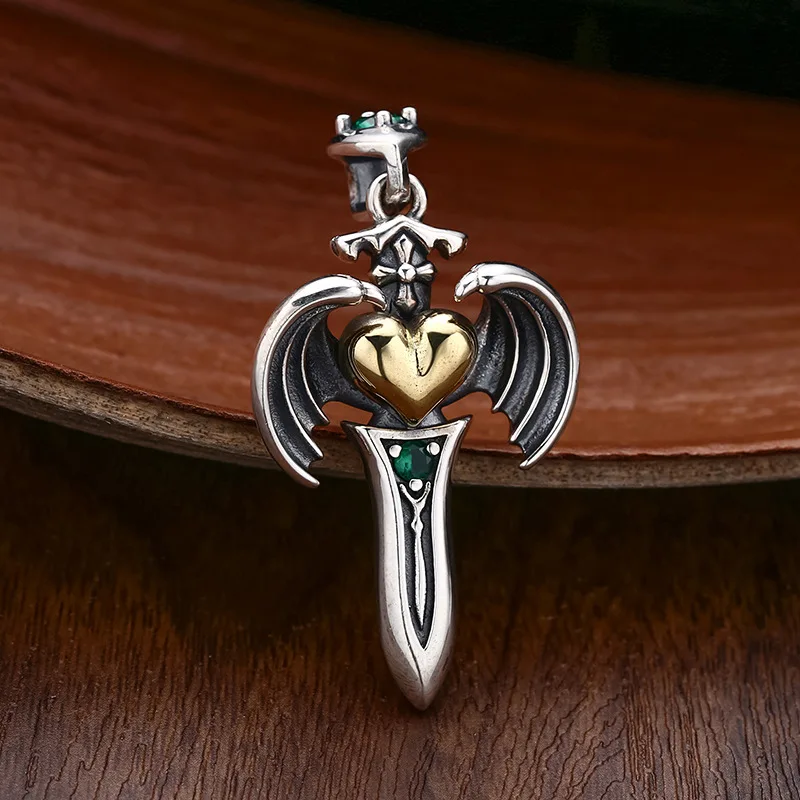 925 فضة الملاك السيف الجناح القلب قلادة قلادة الرجال العتيقة إنهاء الدينية مجوهرات للجنسين