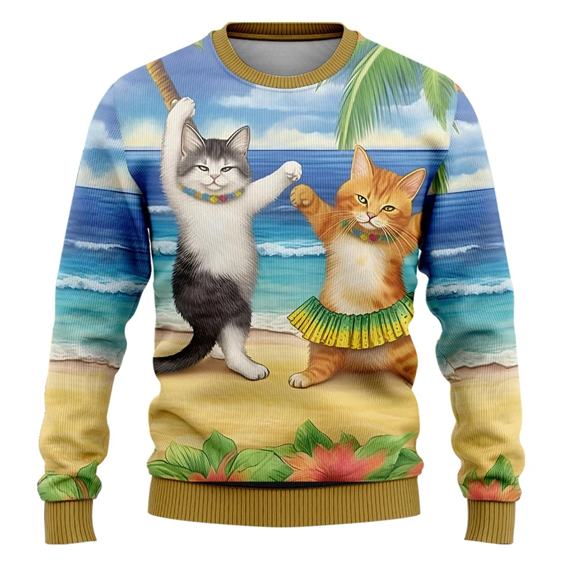 Funny Cat Graphic Sweatshirt For Men Fashion Personalization Cute Animal 3D Printed Sweater Trend Streetwear Kids Pullovers Tops