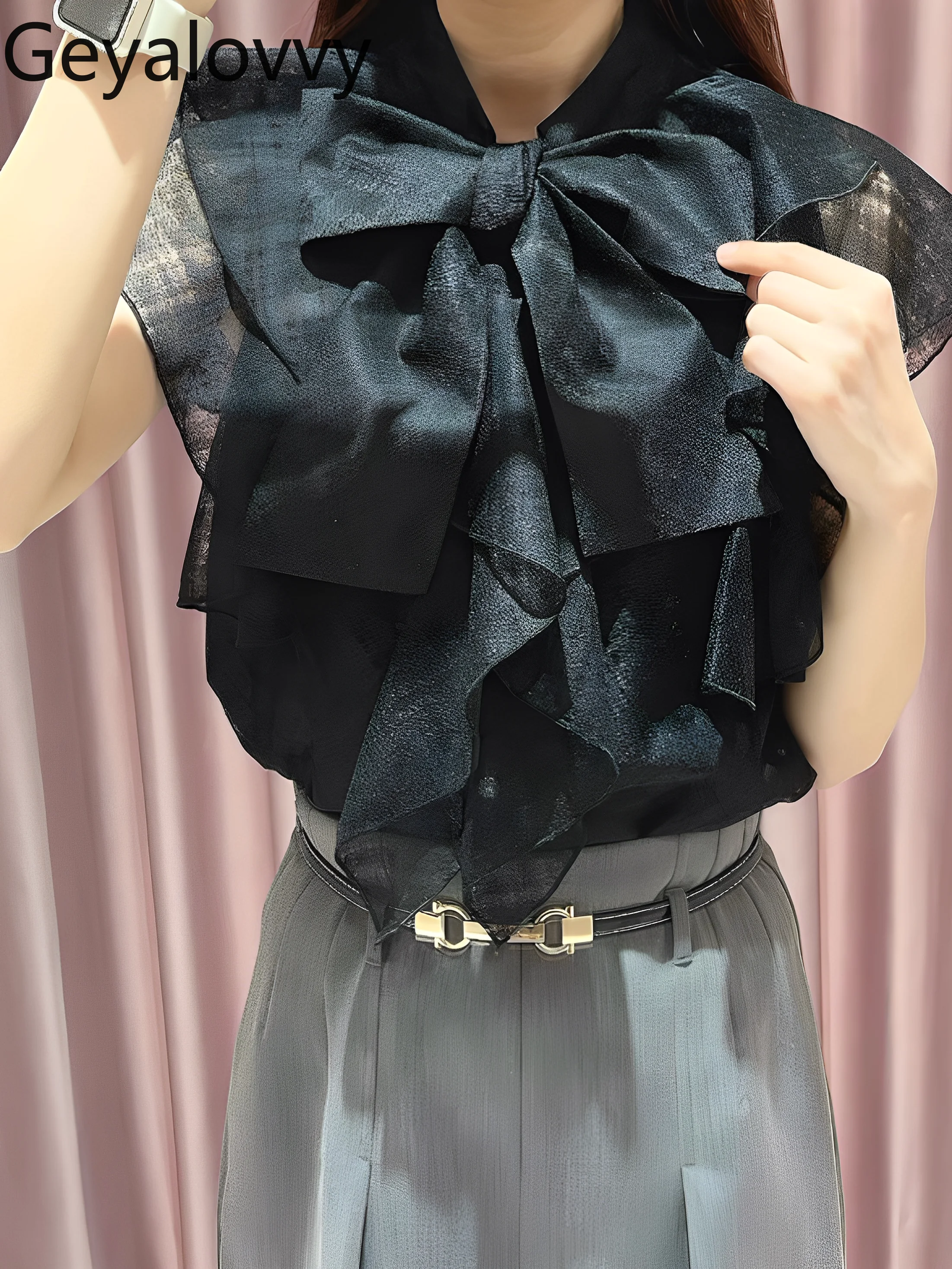 2025 nuevo estilo japonés blusas de Color sólido a cuadros borde con volantes con cordones cárdigan con lazo Top para mujer camisa blanca versátil para ir al trabajo