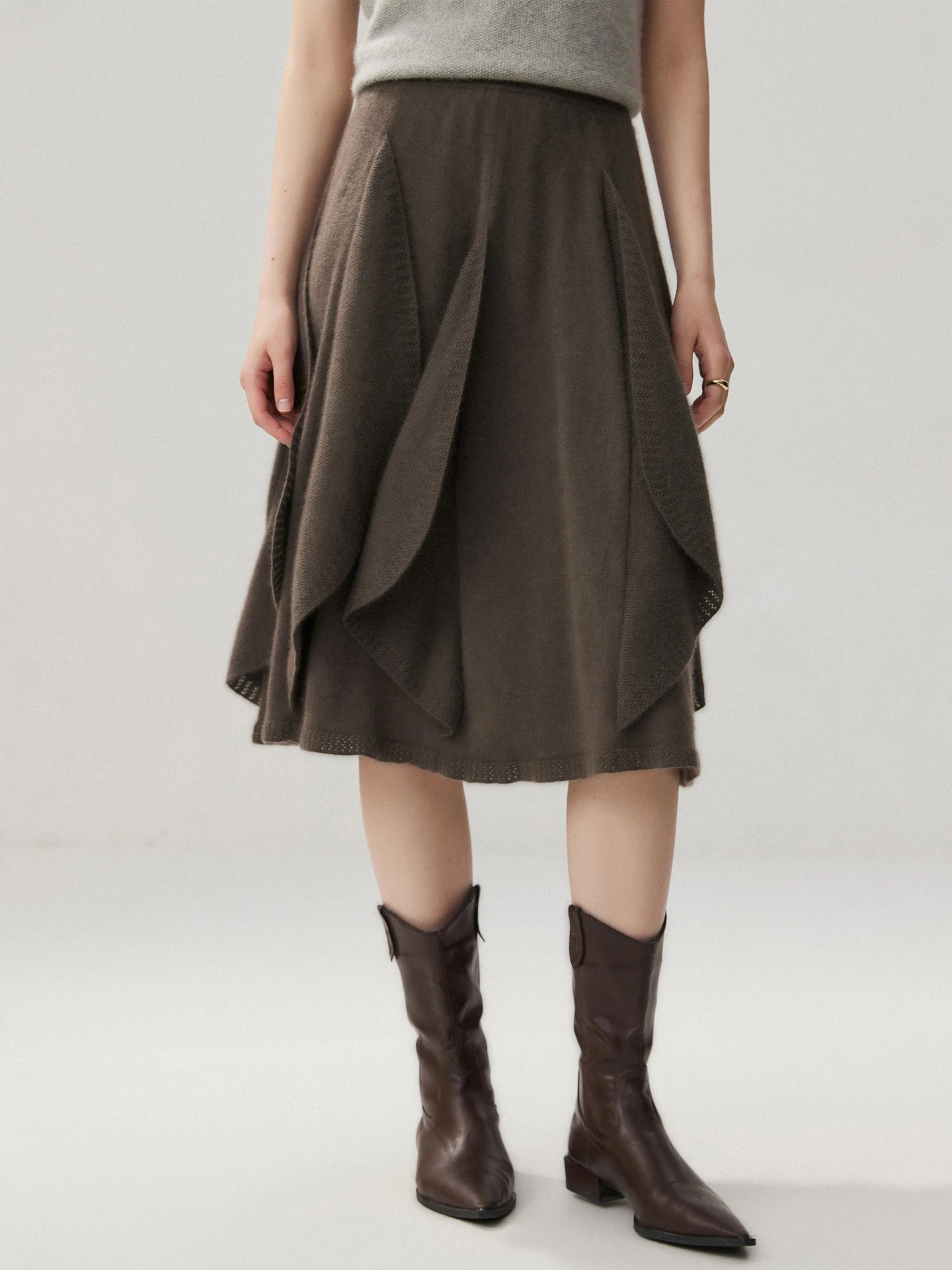 French 100% Pure Cashmere Skirt Ruffle Irregular A-line Soild Midi Sirt Autumn Winter Women Elegant Pleated  Knit Dress Fashion