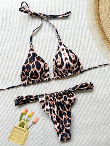 Imagen 2 del producto Bikinis fruncidos plisados de PU, Mini Micro Bikini con Tanga, traje de baño para mujer, traje de baño femenino, conjunto de Bikini de dos piezas, traje de baño con cuello Halter