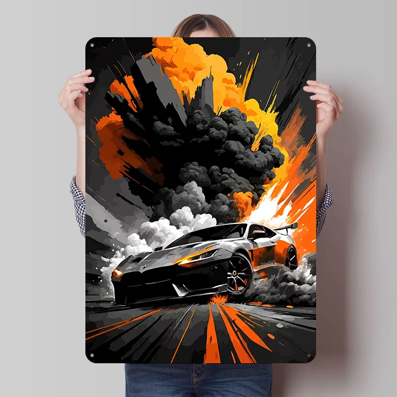 Racing With Explosion Background Car Tinplate Poster Custom Wall Art Vintage Metal Signs Retro Tin Plaque for Decoration At Home