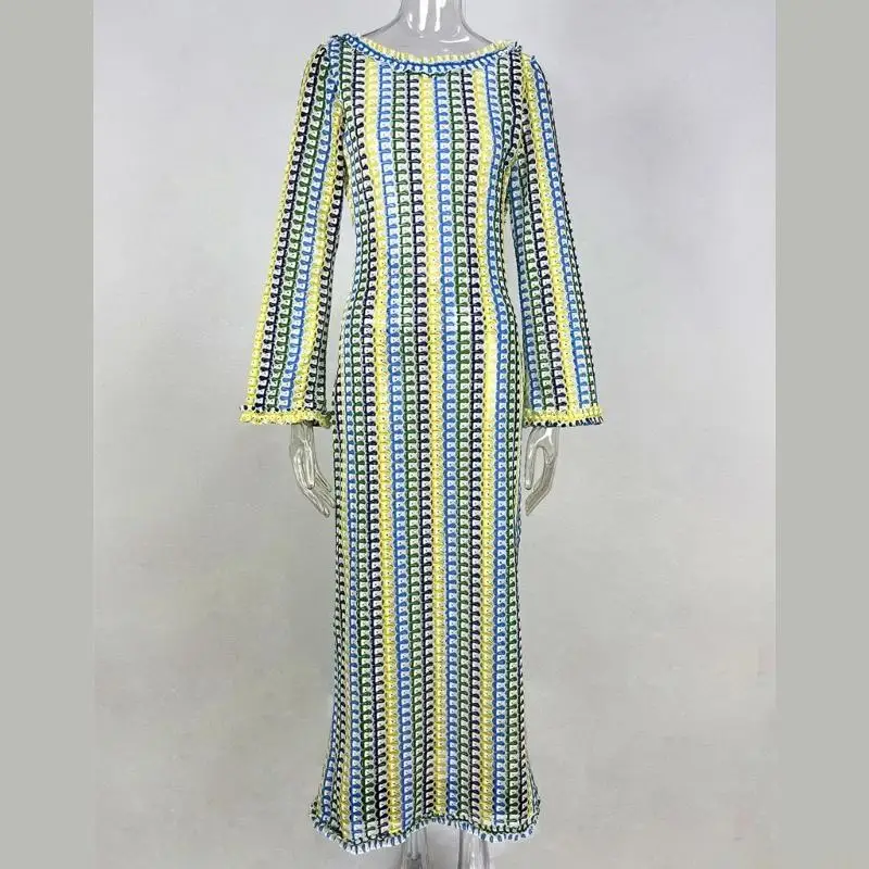 

U2JB Женский купальный костюм с длинным рукавом, вязаное платье, полная длина, вязаное крючком платье