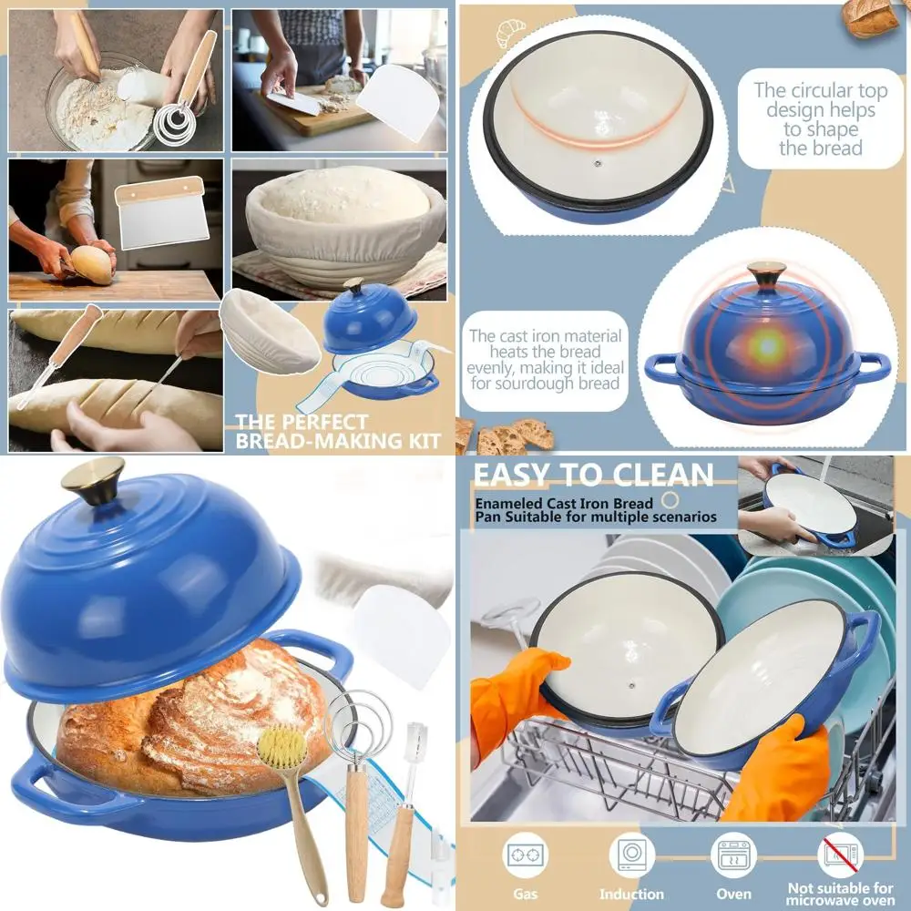 

8 Pcs Enameled Bread Dutch Oven with Lid for Sourdough Baking Oven Enameled Cast Iron Dutch Pot with Bread Proofing Basket Bakin
