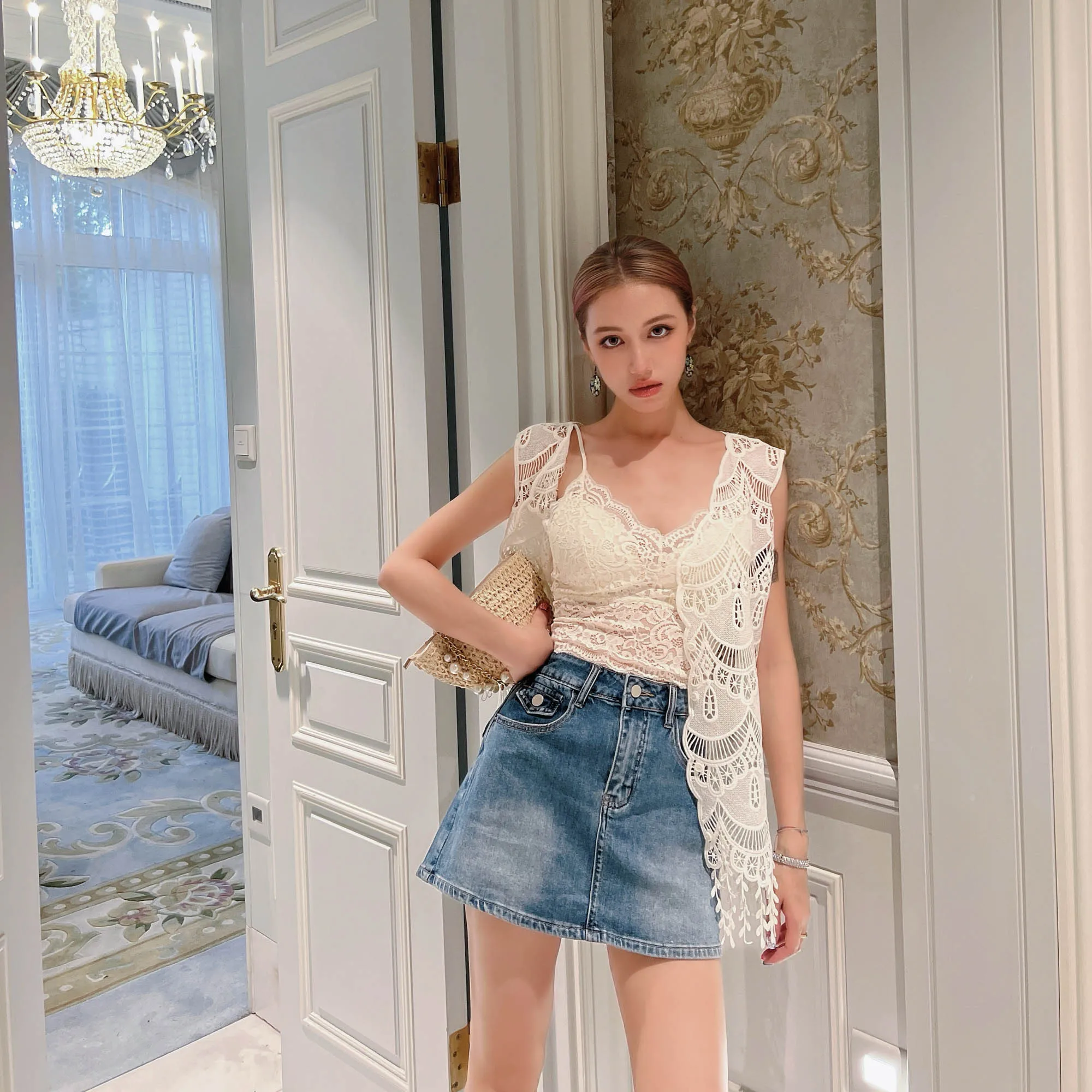 Summer Vintage Washed Denim Skort Women High Waist Rhinestone Beaded Jeans Skirt Casual Loose A-Line Anti-Chafing Shorts DM3BSP0