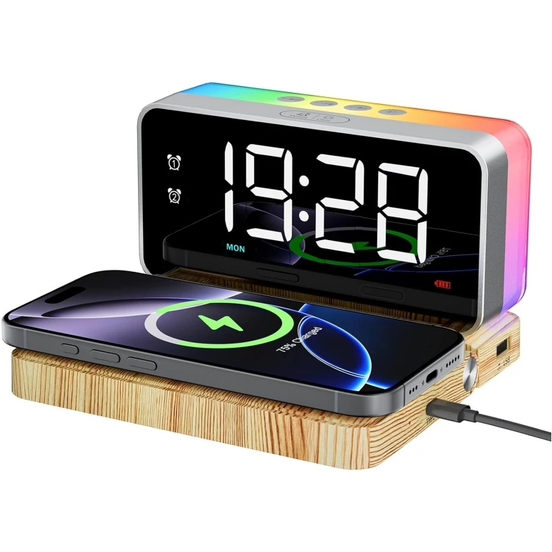 

Светодиодный будильник с большим экраном и цифровым дисплеем 6-в-1 с беспроводной зарядкой Многофункциональные Bluetooth-динамики Встроенный белый шум