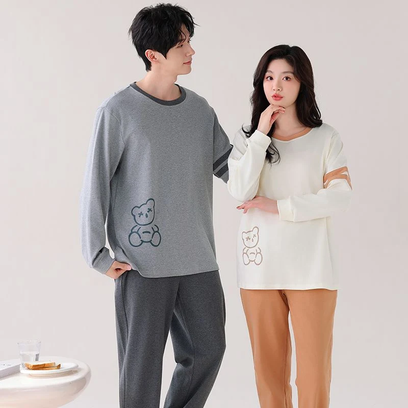 2025년 가을 커플 긴팔 100% 면 파자마 세트 (남성용 한국 귀여운 만화 수면복 파자마 여성용 홈웨어 홈 의류)