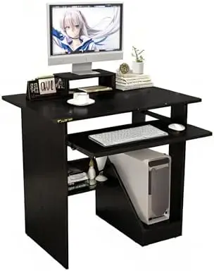 

Small Computer Desk for Home Office - Compact Desktop PC and Laptop Study Gaming Table with Drawer, Shelves, and Keyboard Tray