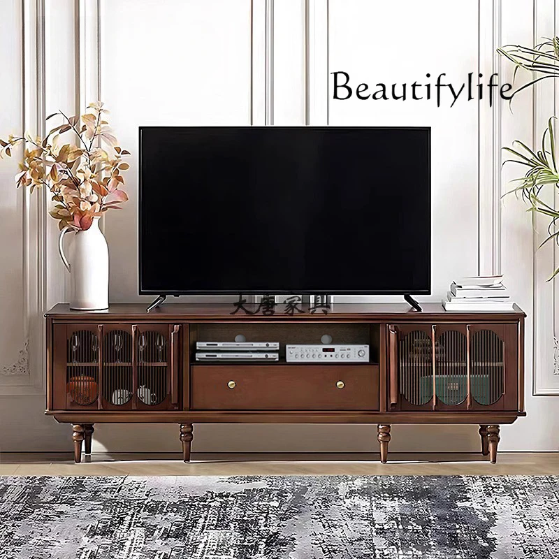 American-Style Solid Wood Black Walnut-Color Floor Cabinet Living Room Light Luxury French Coffee Table TV Cabinet Combination