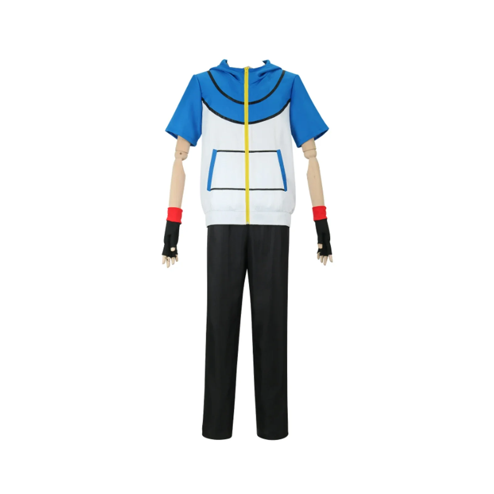 

Men Women Ash Ketchum Blue Hoodie Cosplay Shirt Pants Gloves Hat Sets for Trainer Halloween Outfit