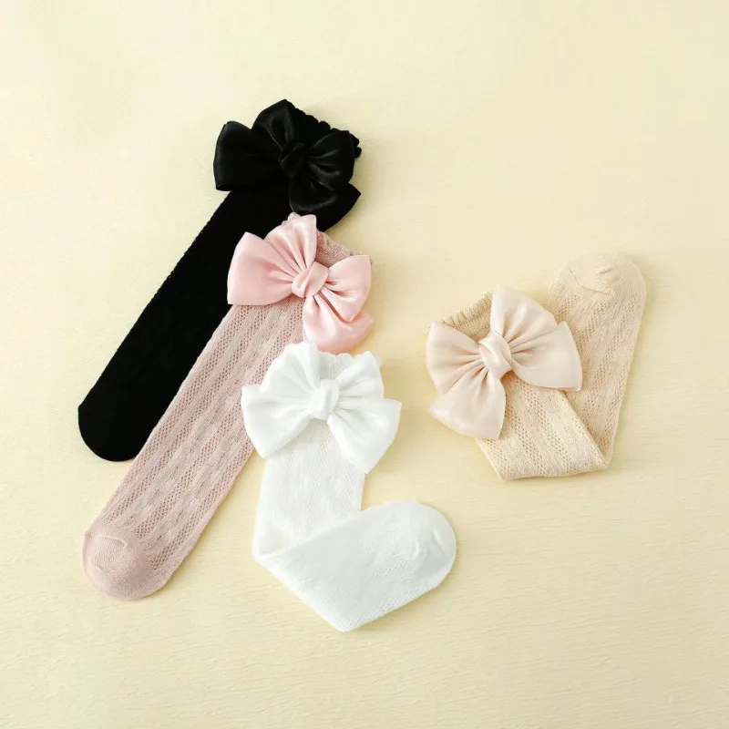 Chaussettes en coton à gros nœud pour bébés filles, princesse espagnole, chaussette douce à nœud papillon, longueur au genou, bonneterie en maille