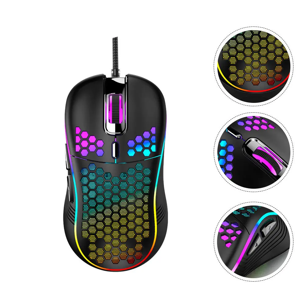 1 шт. проводная игровая мышь в форме сот, RGB светлая черная компьютерная мышь, эргономичный дизайн для домашнего офиса, ноутбука