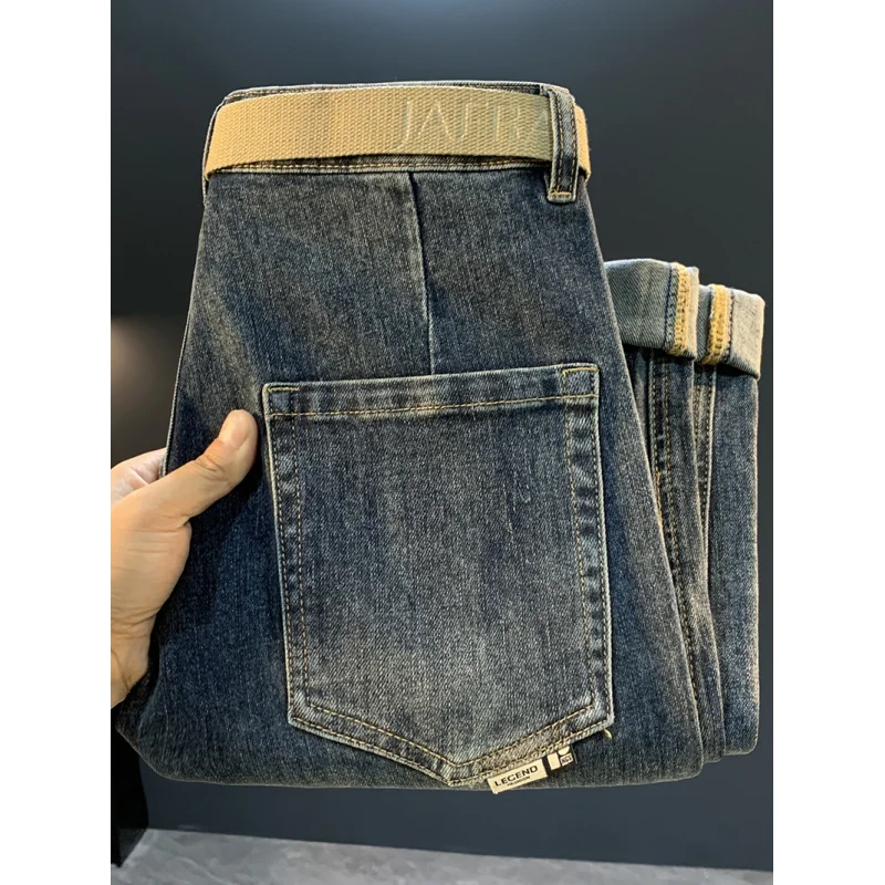 

2025 new slanted pocket casual small leg jeans for men, autumn versatile, slim fit and slimming tapered small leg pants