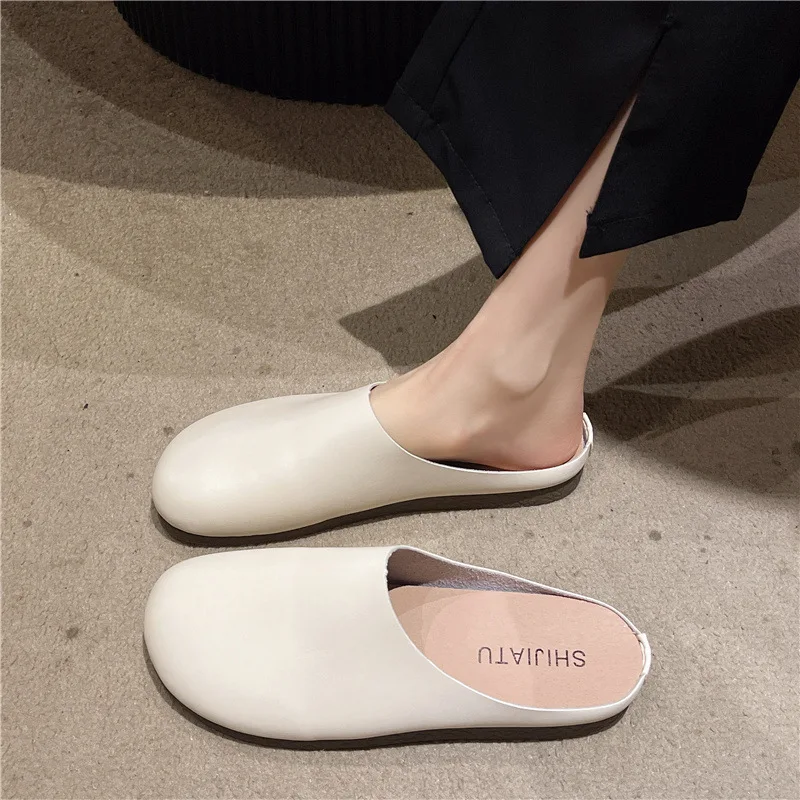 Retro Mules Slippers for Women Summer Light Non-slip Soft Pu Leather Slide Sandals Plus Size 42 Comfort Beach Flat Sandalias