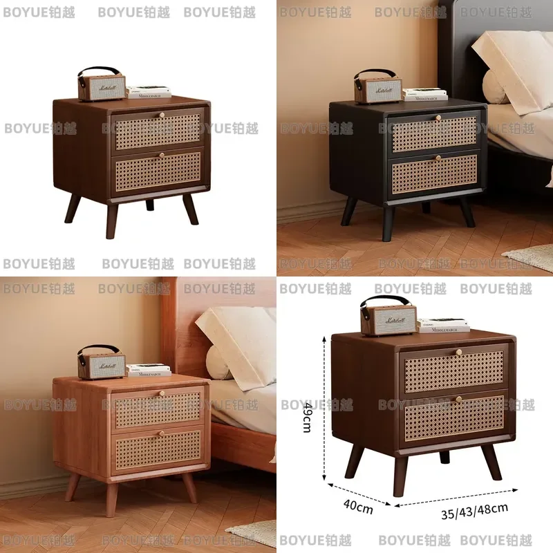 Modern Rattan Woven Nightstand with 2 Drawers Metal Top Bedroom Storage Side Table Living Room Apartment Furniture Durable