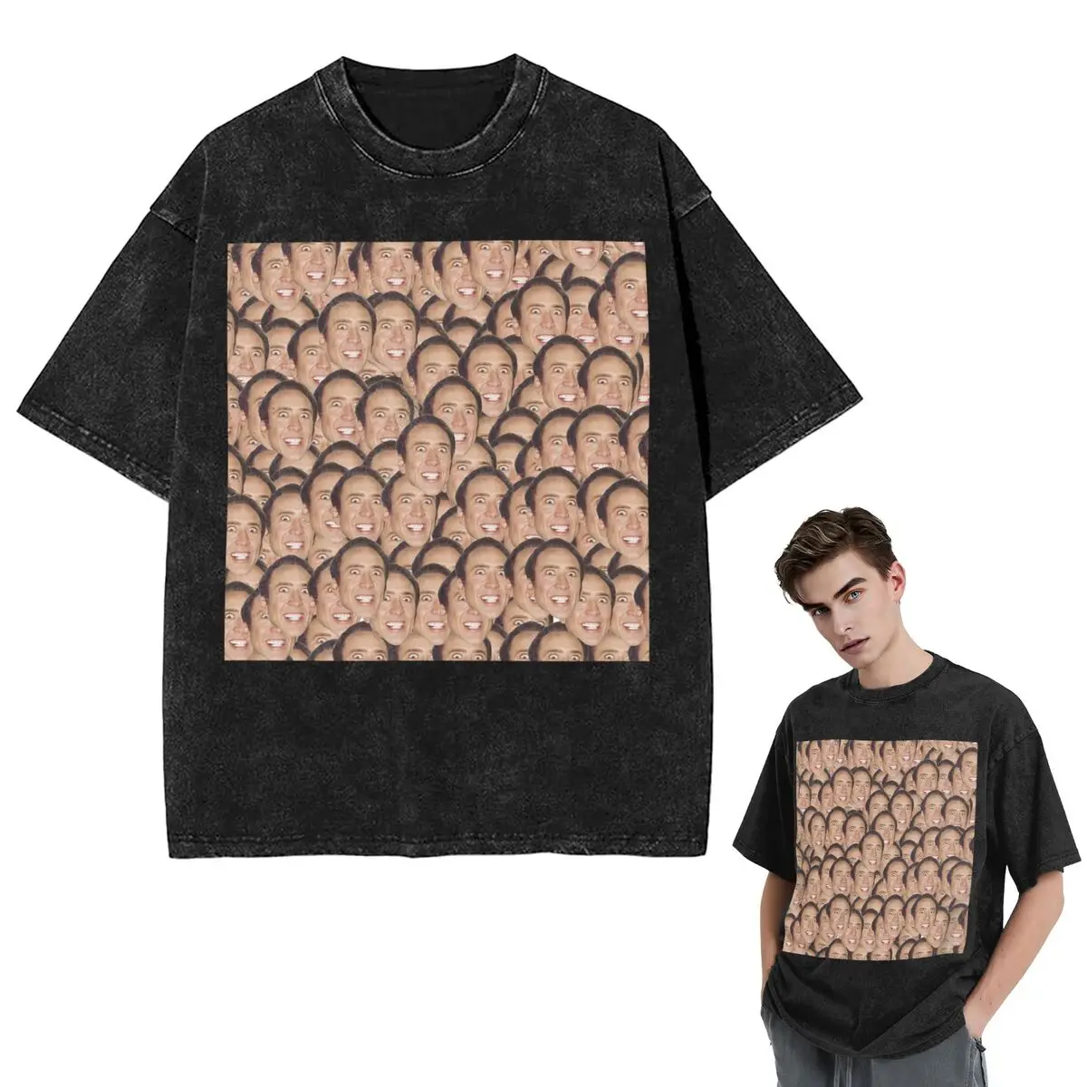 Streetwear T-Shirts Nicolas Cage Meme Washed T Shirt Short Sleeve Hip Hop T-Shirt Tops Tees for Men Women
