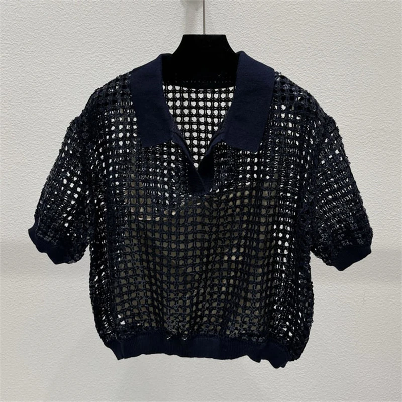 High-quality summer newHeavy-duty sequined polo short-sleeved top with lining women's fashionable casual mesh hollow-out T-shirt