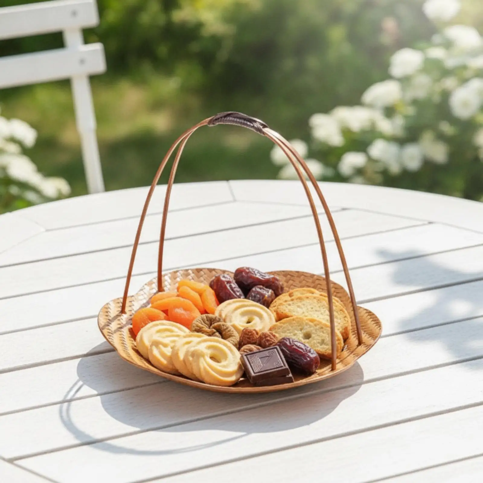 Bamboo Woven Basket Tray Handmade Bamboo Tray with Handle for Hosts, Tea Time, Tabletop Display, Home Cafe