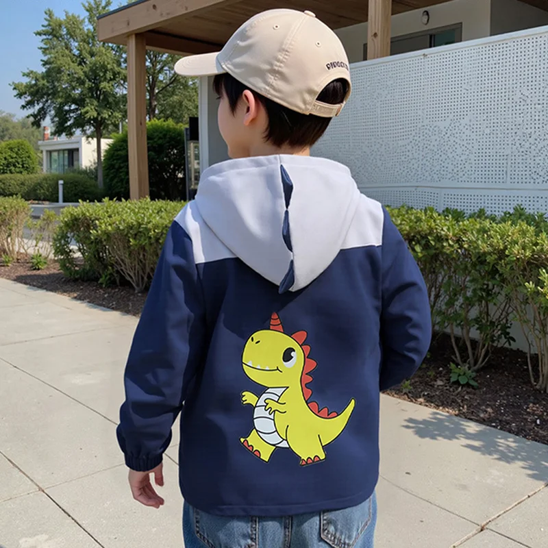 1-6 Years Kids Cartoon Dinosaur Hooded Jacket Spring Autumn Boys Girls Fashion Color Blocking Windproof Zipper Outerwear